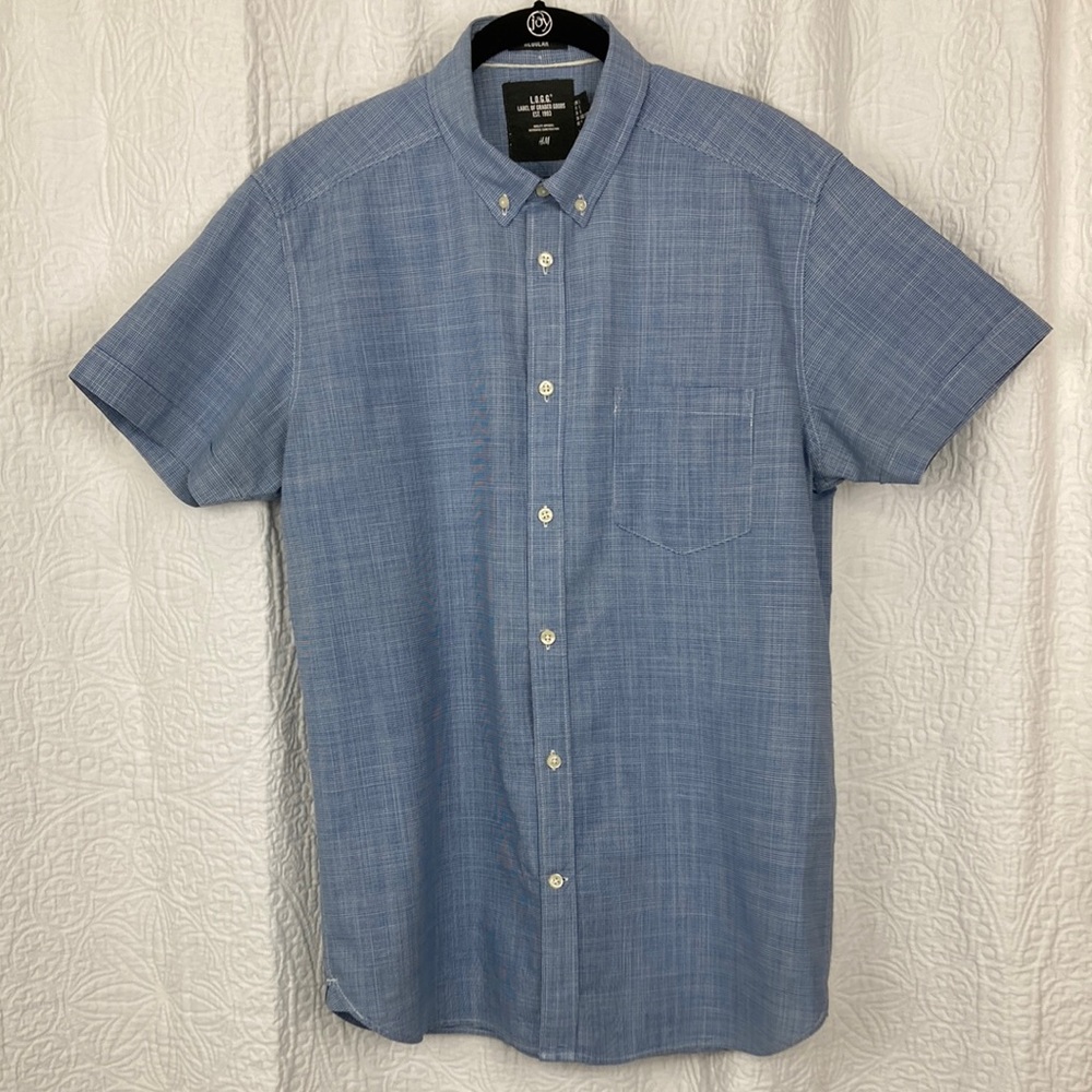H&M L.O.G.G. Men’s Blue Check Short Sleeve Casual Button Down Shirt sz Large